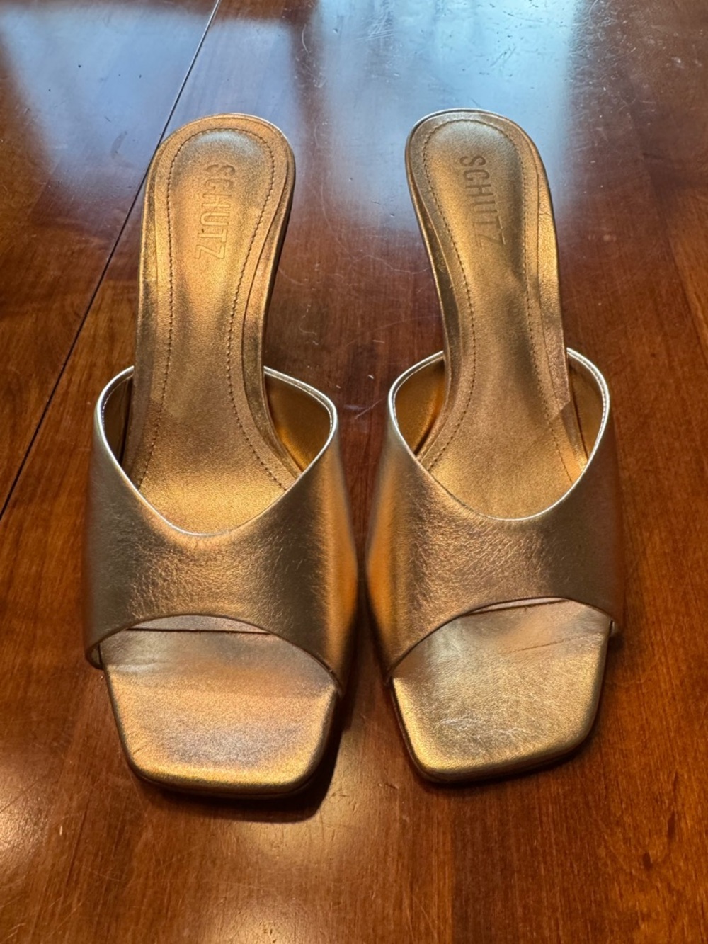 SCHUTZ Dethalia Pin Heel Metallic Gold Slide Mules NWT